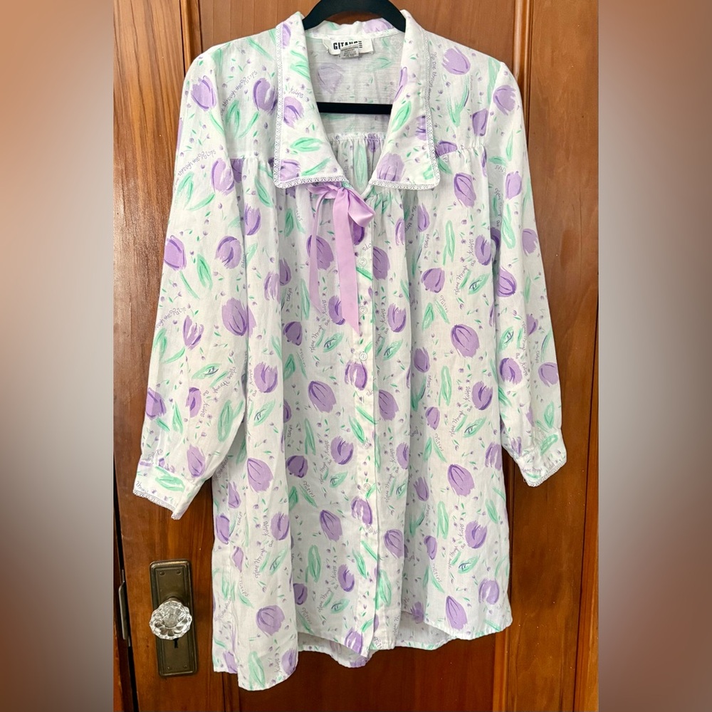 Vintage 80s 90s Baby Doll Purple Tulip House Coat Nightgown Lace Trim Woman’s M